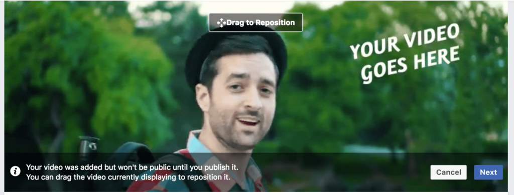 A photograph showing the repositioning process for your Facebook cover video. 
