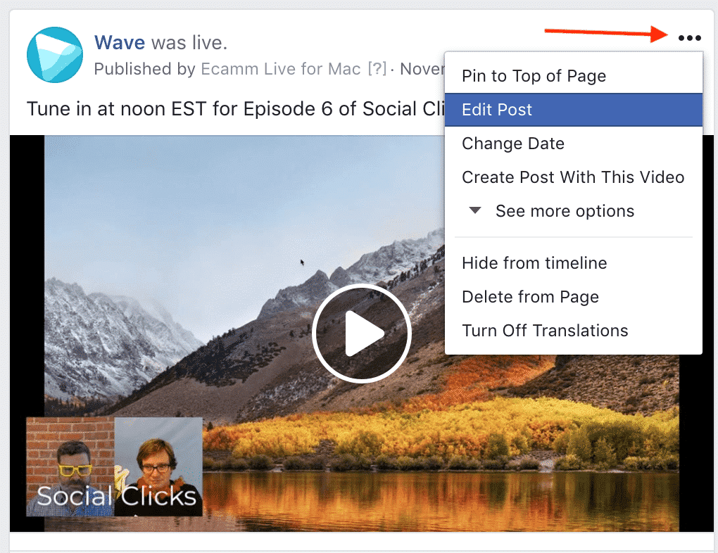 Facebook video polls: edit post